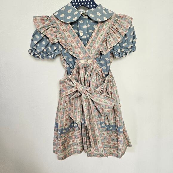 Vintage Ellen Miklas Bunny Jumper Dress Shirt Outfit 3T Pink Blue Cottagecore - Picture 4 of 13